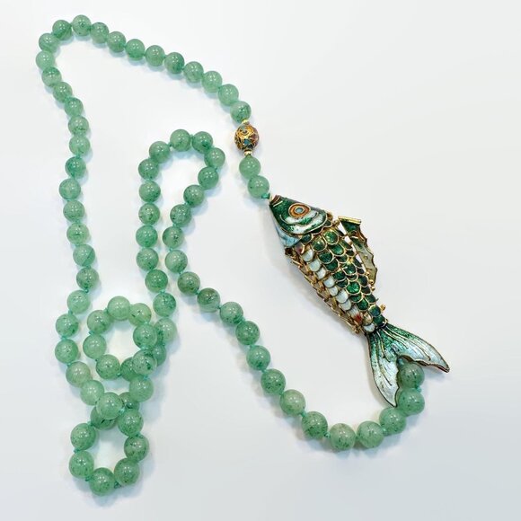Vintage Jade Fish Necklace: Chinese Export, Cloisonné, Articulated Pendant, Big - Picture 4 of 6